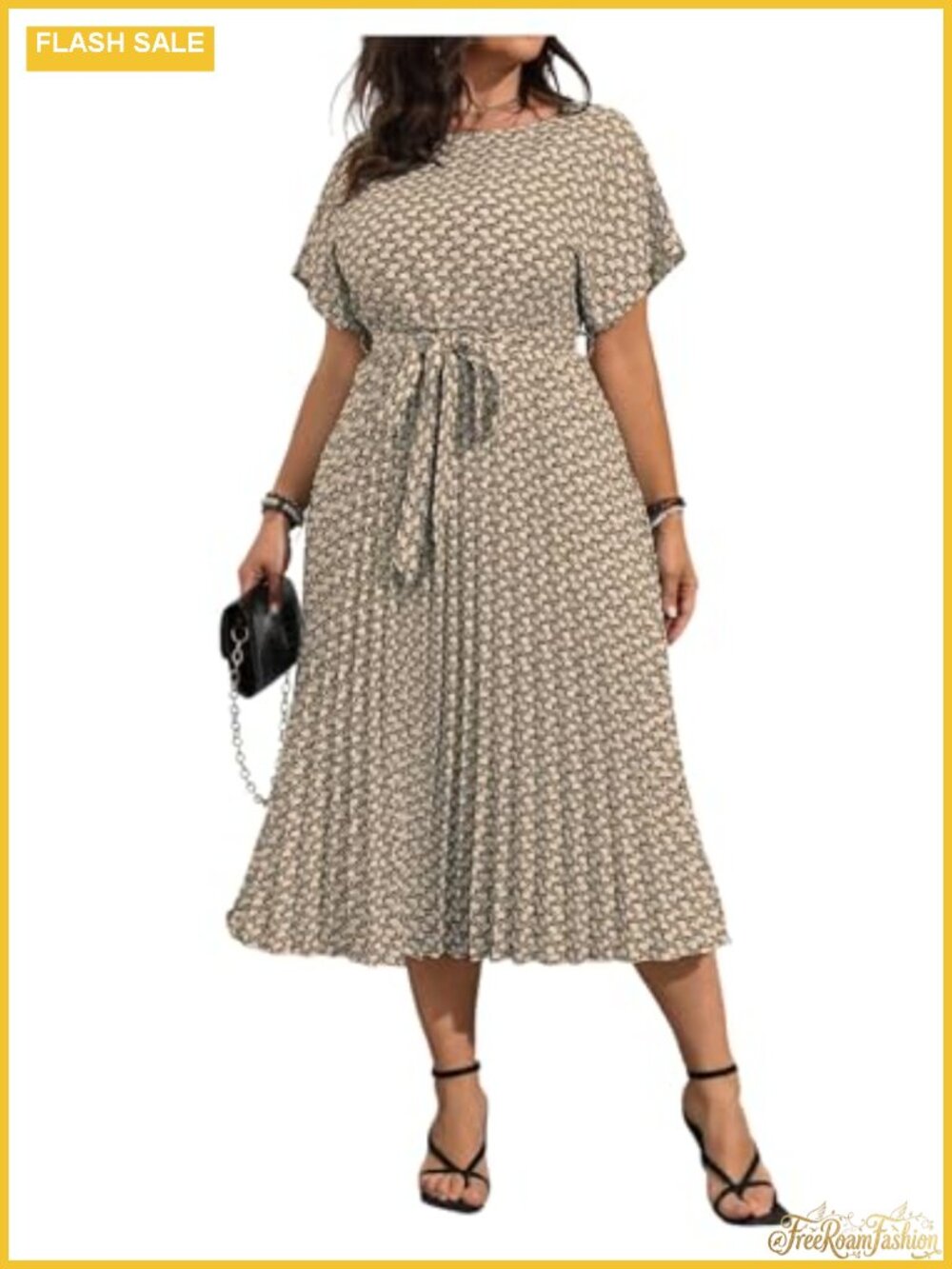 Plus Size Pleated Midi Dress Cap Sleeve Square Neck